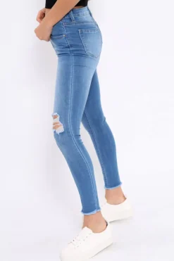 Rebellious Fashion Light Blue Bust Knee Denim Jeans - Freddie