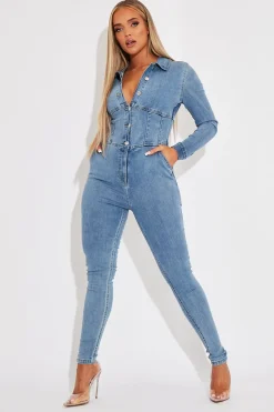 Rebellious Fashion Light Blue Corset Waist Denim Jumpsuit - Posie