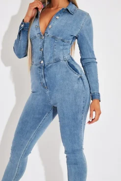 Rebellious Fashion Light Blue Corset Waist Denim Jumpsuit - Posie