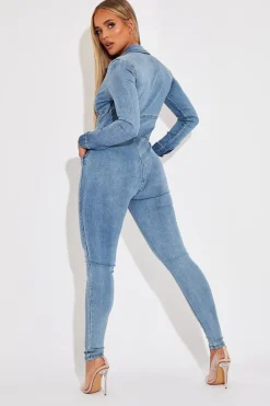Rebellious Fashion Light Blue Corset Waist Denim Jumpsuit - Posie