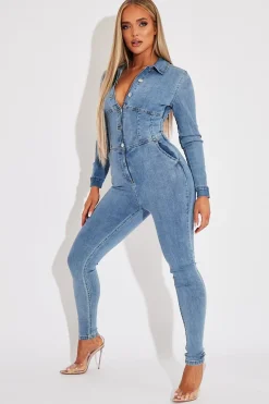 Rebellious Fashion Light Blue Corset Waist Denim Jumpsuit - Posie