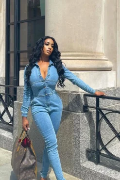 Rebellious Fashion Light Blue Corset Waist Denim Jumpsuit - Posie