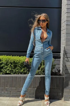 Rebellious Fashion Light Blue Corset Waist Denim Jumpsuit - Posie