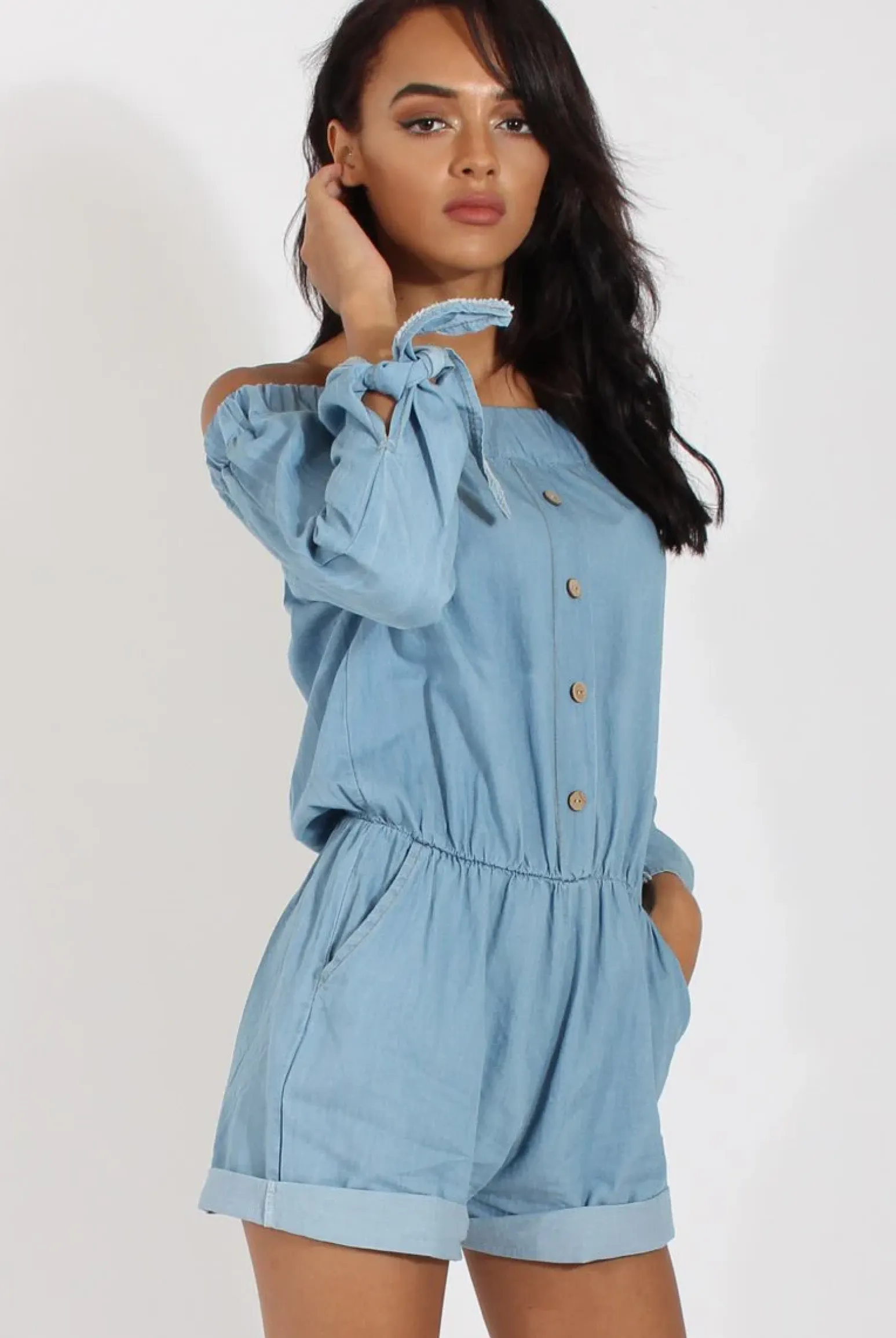 Rebellious Fashion Light Blue Denim Bardot Denim Playsuit - Angelica