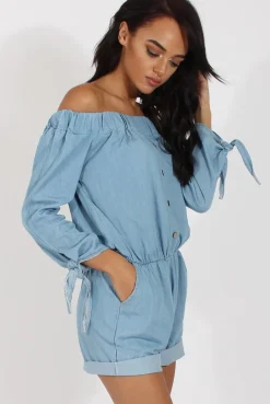 Rebellious Fashion Light Blue Denim Bardot Denim Playsuit - Angelica