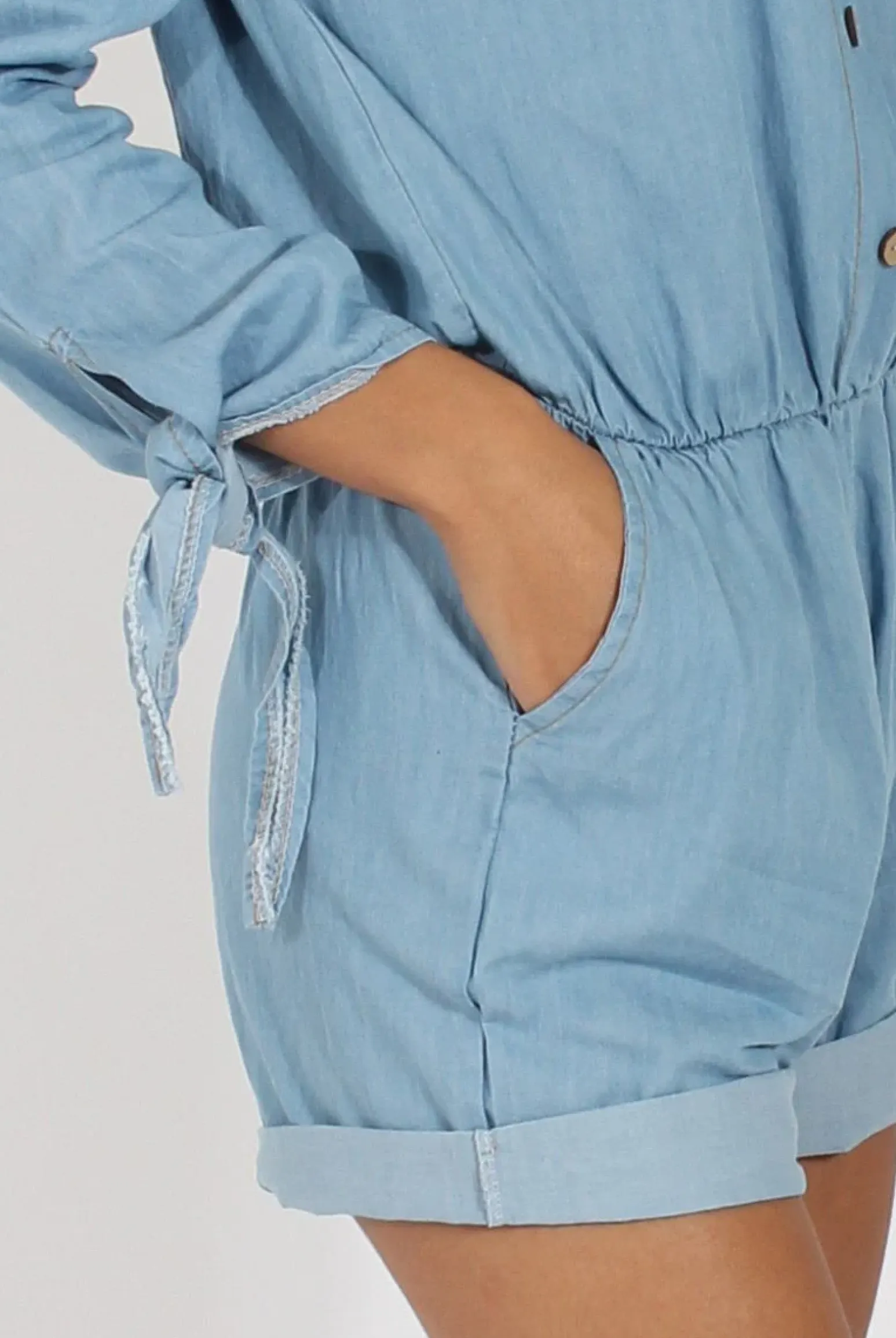 Rebellious Fashion Light Blue Denim Bardot Denim Playsuit - Angelica
