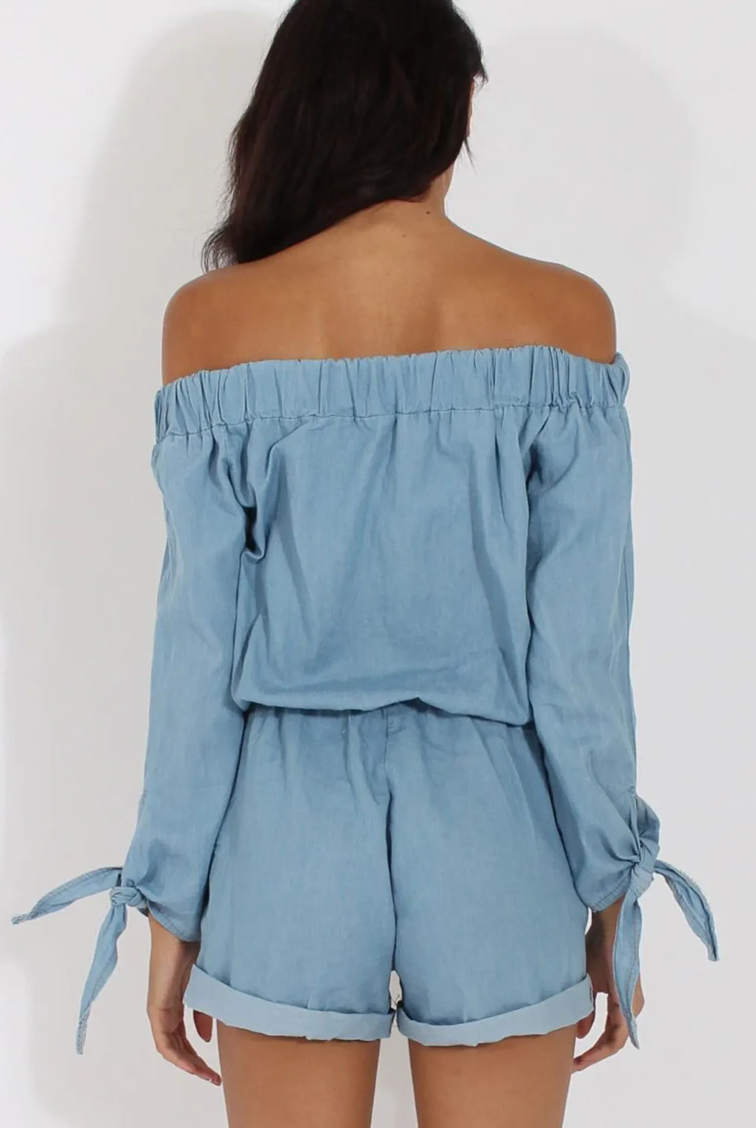 Rebellious Fashion Light Blue Denim Bardot Denim Playsuit - Angelica