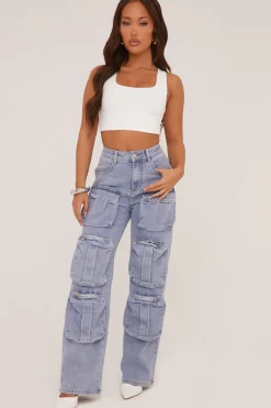 Rebellious Fashion Light Blue Denim Cargo Trousers - Daisy