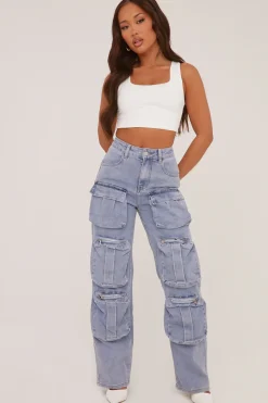 Rebellious Fashion Light Blue Denim Cargo Trousers - Daisy