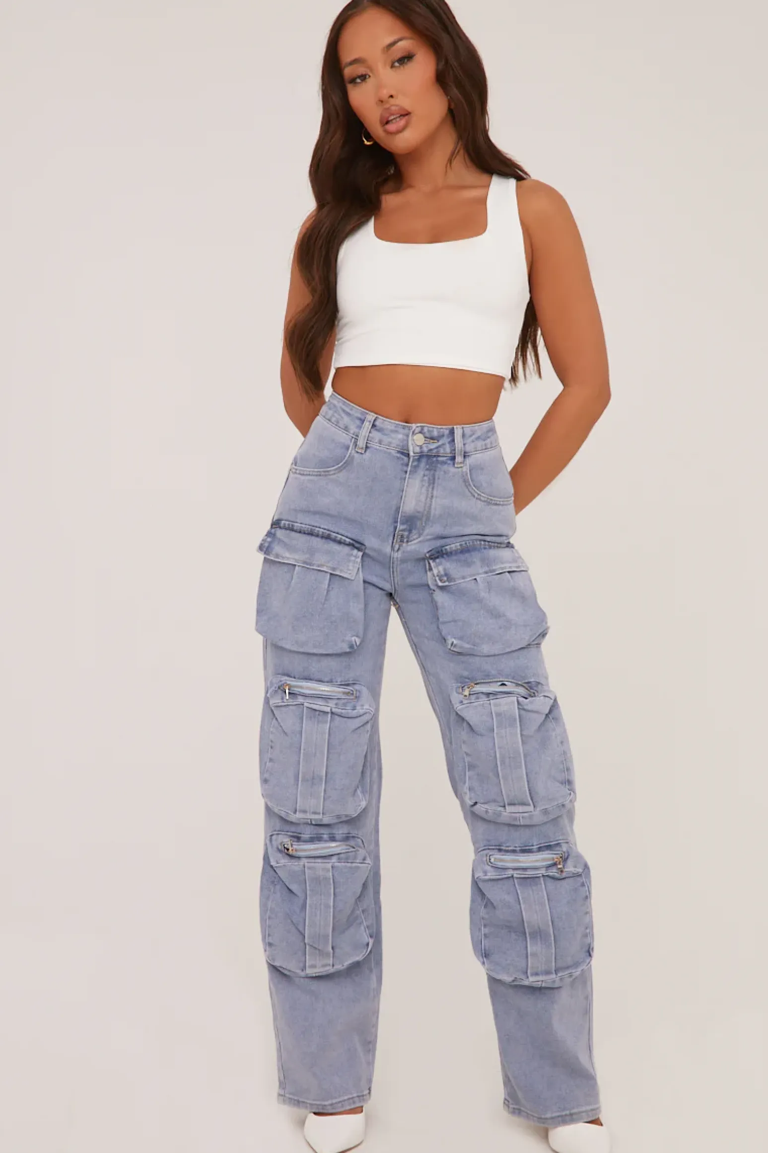 Rebellious Fashion Light Blue Denim Cargo Trousers - Daisy
