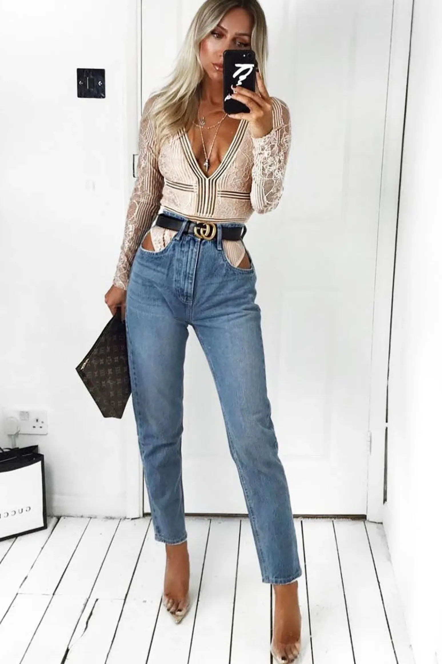 Rebellious Fashion Light Blue Denim Cut Out Pocket Boyfriend Jeans - Jaime