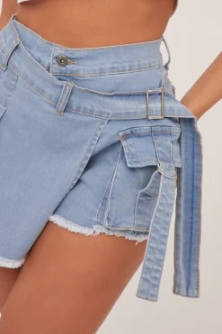 Rebellious Fashion Light Blue Denim Warp Over Pleat Detail Mini Skort - Margot