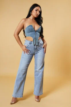 Rebellious Fashion Light Blue Denim Zip Front Corset Cropped Top - Dina