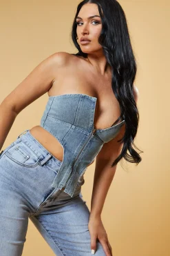 Rebellious Fashion Light Blue Denim Zip Front Corset Cropped Top - Dina