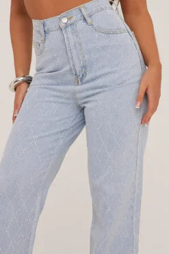 Rebellious Fashion Light Blue Diamante Detail Straight Leg Jeans - Imaan