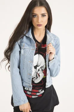 Rebellious Fashion Light Blue Distressed Cropped Denim Jacket - Charlie