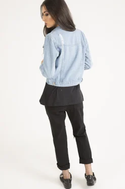Rebellious Fashion Light Blue Distressed Cropped Denim Jacket - Charlie