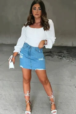 Rebellious Fashion Light Blue Distressed Denim Mini Skirt - Joya