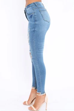Rebellious Fashion Light Blue Distressed Jeans - Macy