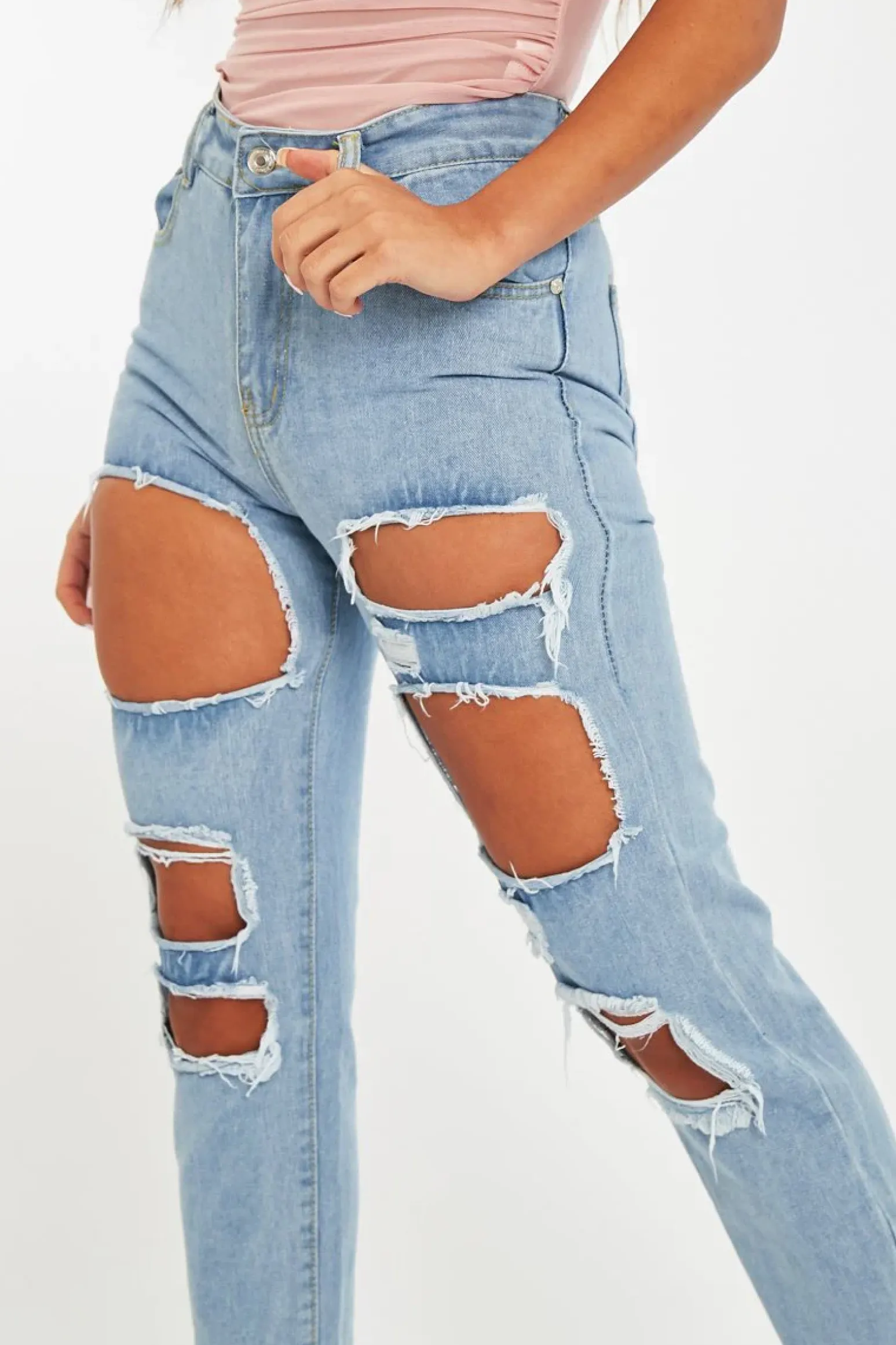 Rebellious Fashion Light Blue Distressed Rip Frayed Straight Mom Jeans - Erin