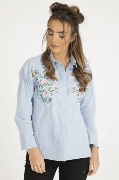 Rebellious Fashion Light Blue Floral Embroidered Shirt - Kara