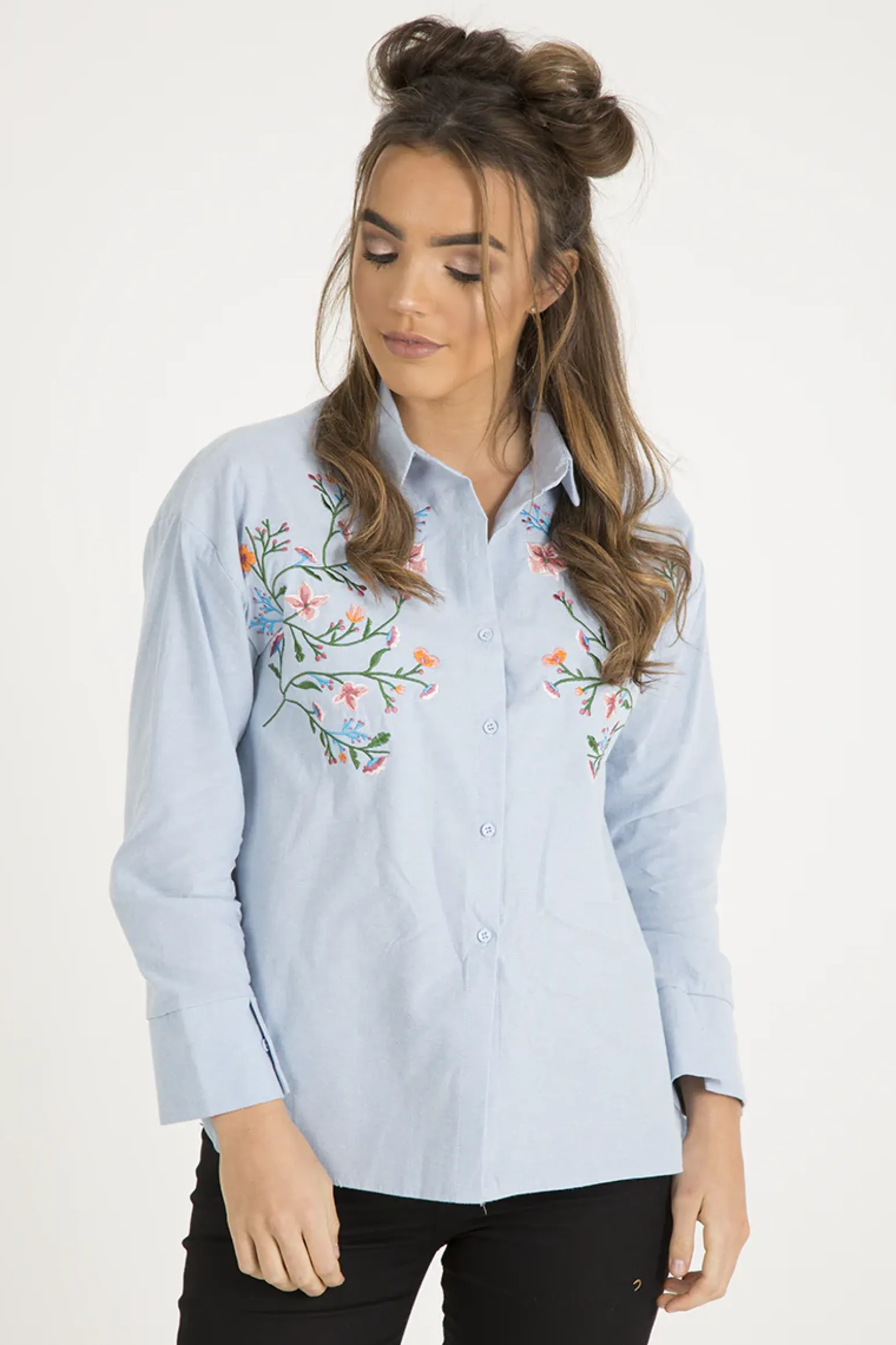 Rebellious Fashion Light Blue Floral Embroidered Shirt - Kara
