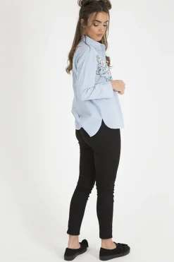 Rebellious Fashion Light Blue Floral Embroidered Shirt - Kara