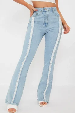 Rebellious Fashion Light Blue Frayed Seam Flare Jeans - Ava