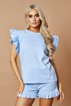 Rebellious Fashion Light Blue Frill Detail Top & Shorts Co-Ords Set - Keiko