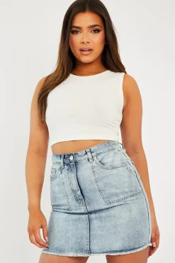 Rebellious Fashion Light Blue Front Pocket Frayed Hem Denim Skirt - Elita
