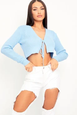 Rebellious Fashion Light Blue Front Tie Knit Cardigan Top - Paloma