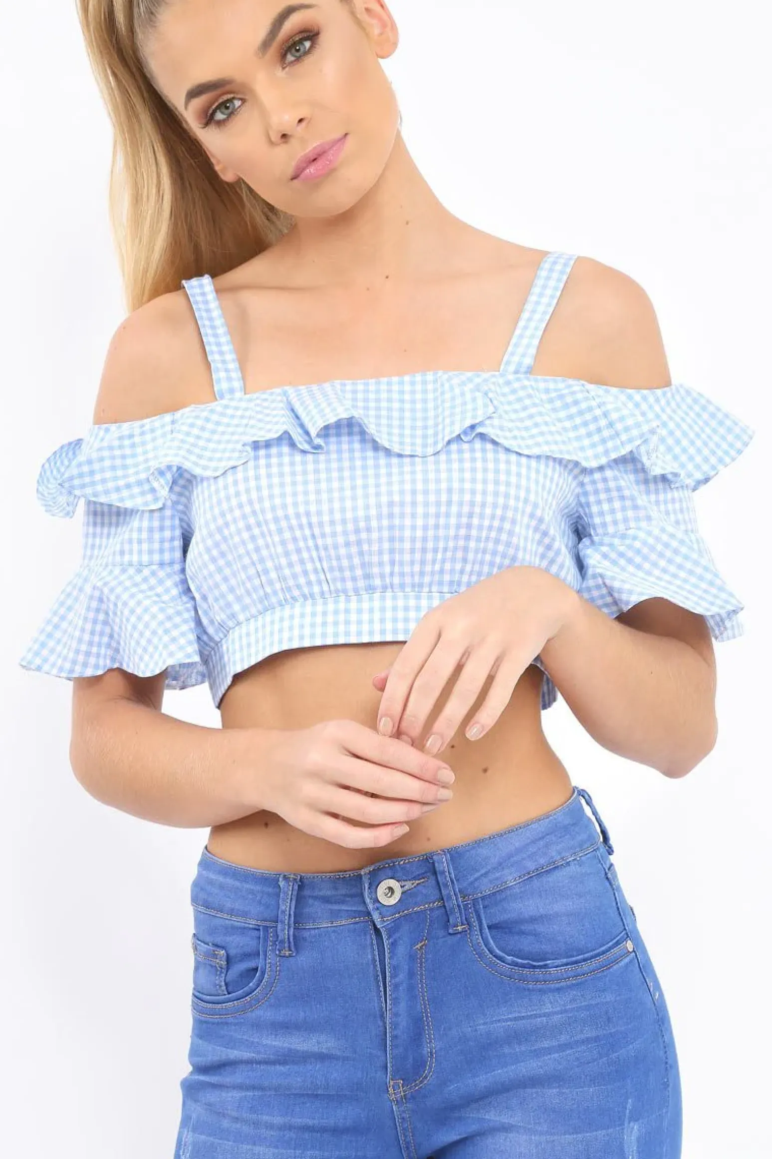 Rebellious Fashion Light Blue Gingham Cold Shoulder Frill Crop Top - Lant