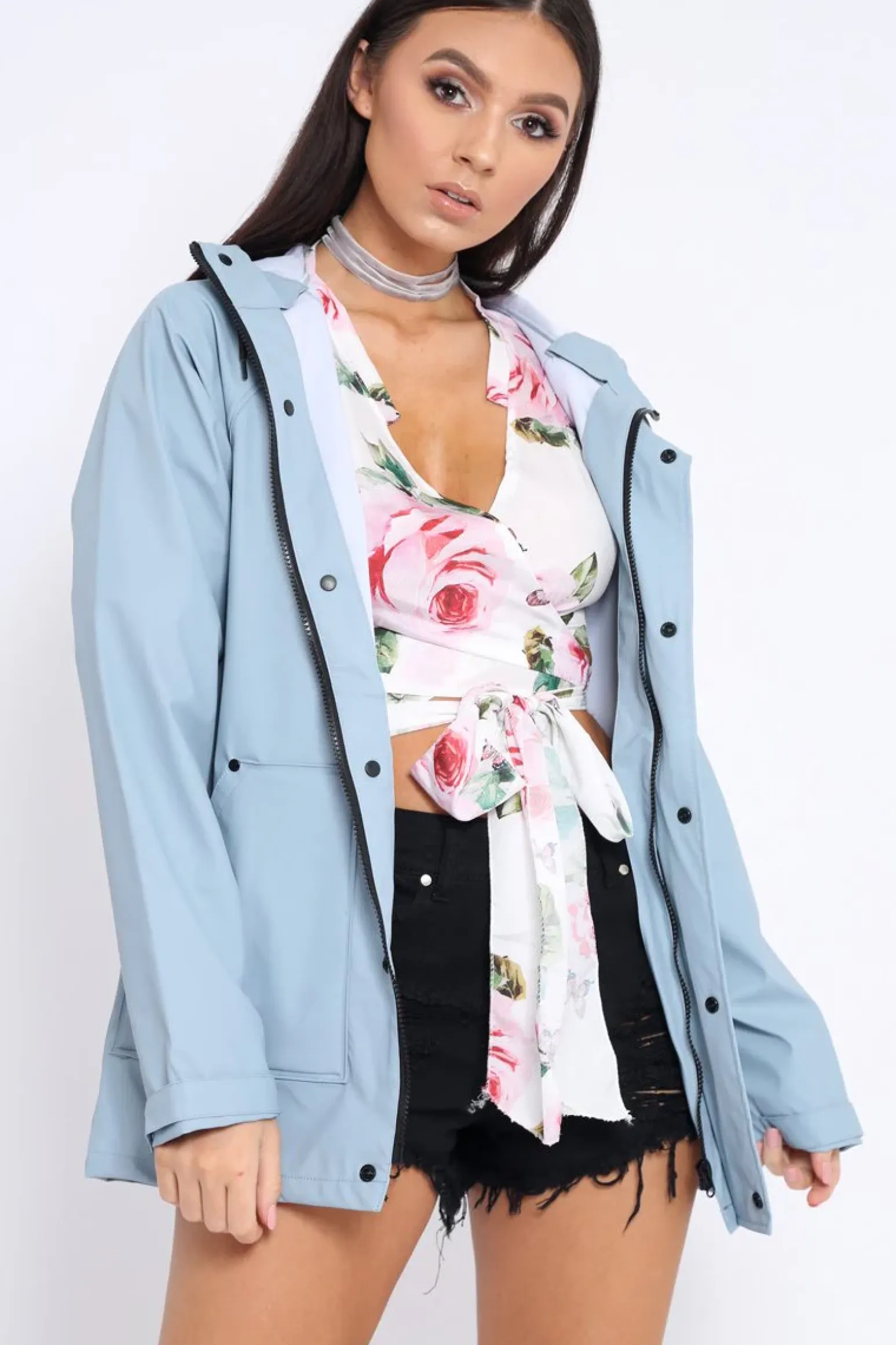 Rebellious Fashion Light Blue Hooded Rain Jacket - Fox