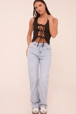 Rebellious Fashion Light Blue Mid Waist Straight Leg Denim Jeans - Maureena