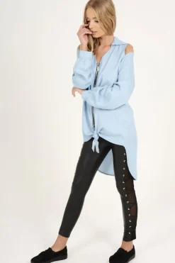 Rebellious Fashion Light Blue Oversized Cold Shoulder Front Zip Shirt - India