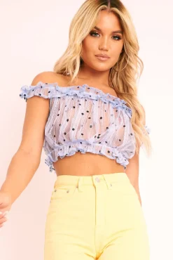 Rebellious Fashion Light Blue Polka Mesh Frill Bardot Crop Top - Wrenlee