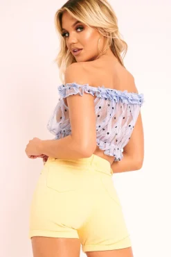 Rebellious Fashion Light Blue Polka Mesh Frill Bardot Crop Top - Wrenlee