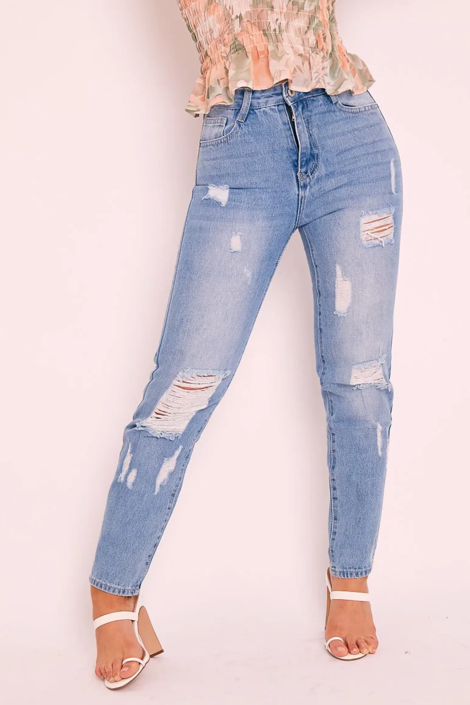 Rebellious Fashion Light Blue Ripped Distress High Rise Mom Jeans - Haylin