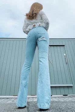 Rebellious Fashion Light Blue Ripped Flare Jeans - Elze