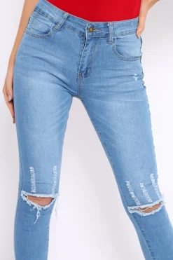Rebellious Fashion Light Blue Ripped Knees Distressed Skinny Jeans - Elora