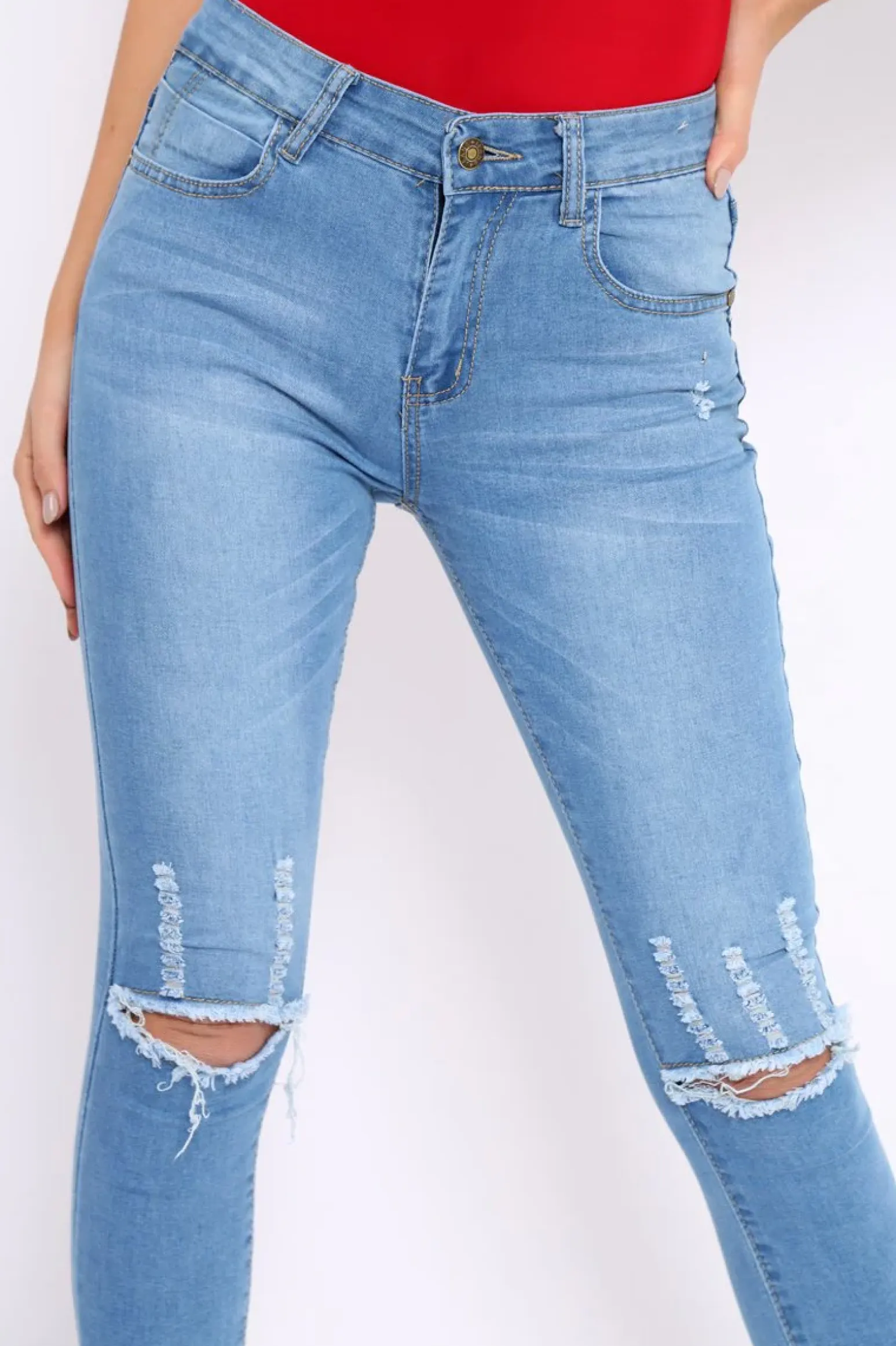 Rebellious Fashion Light Blue Ripped Knees Distressed Skinny Jeans - Elora