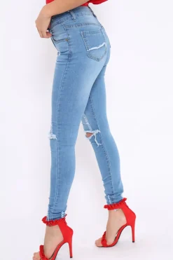 Rebellious Fashion Light Blue Ripped Knees Distressed Skinny Jeans - Elora