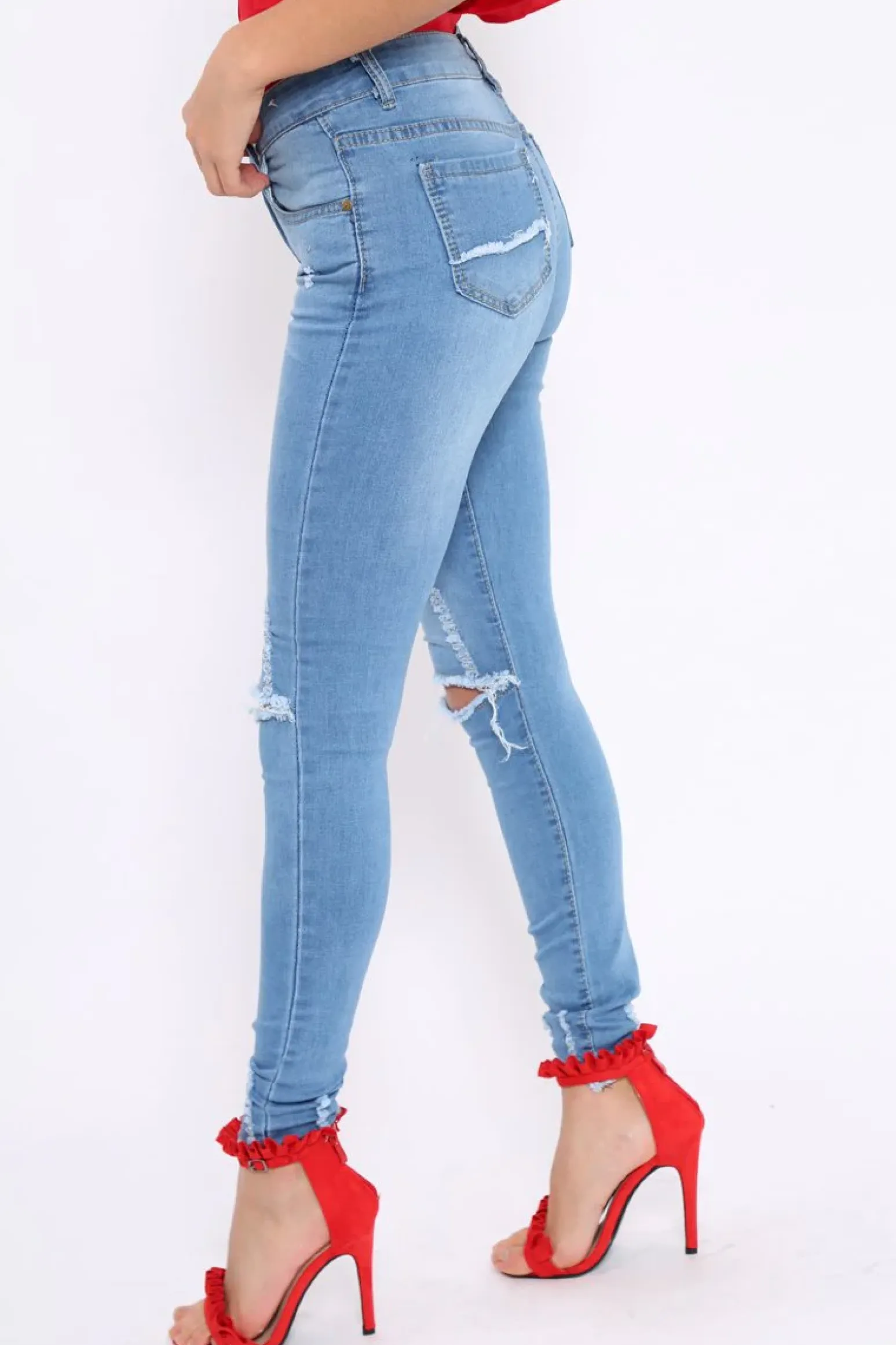 Rebellious Fashion Light Blue Ripped Knees Distressed Skinny Jeans - Elora