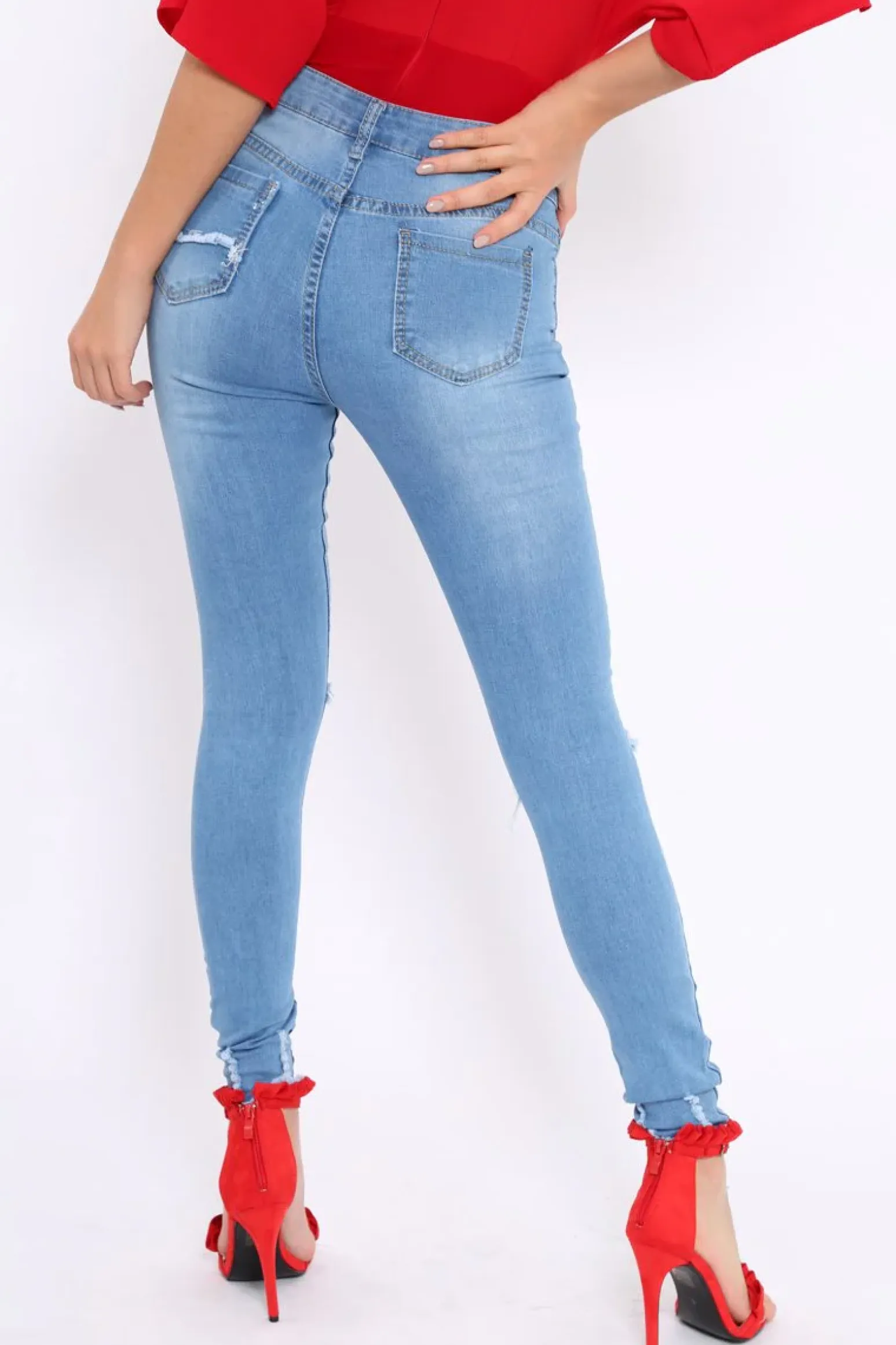 Rebellious Fashion Light Blue Ripped Knees Distressed Skinny Jeans - Elora