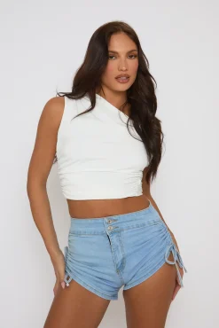 Rebellious Fashion Light Blue Ruched Side Denim Shorts - Demi