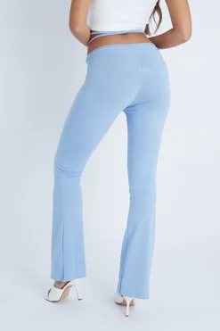 Rebellious Fashion Light Blue Ruched Waist Flare Trousers - Avanni