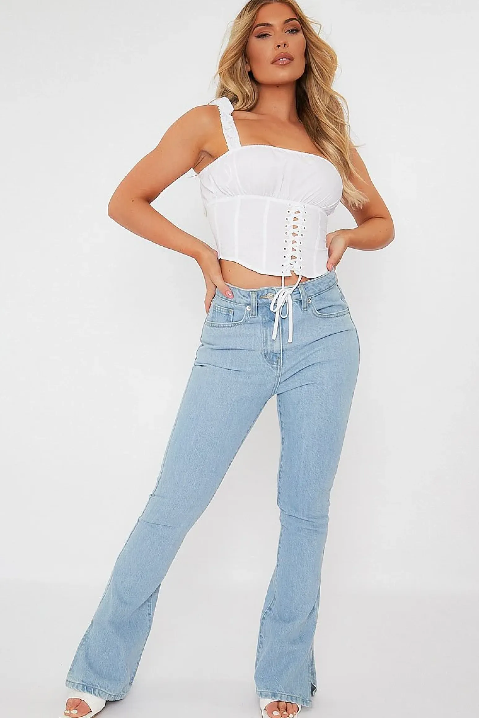 Rebellious Fashion Light Blue Split Hem Flare Jeans - Ivara