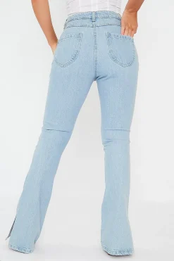 Rebellious Fashion Light Blue Split Hem Flare Jeans - Ivara