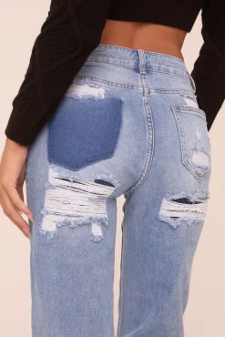 Rebellious Fashion Light Blue Stretch Distressed Mid Waist Straight Leg Jeans - Annette