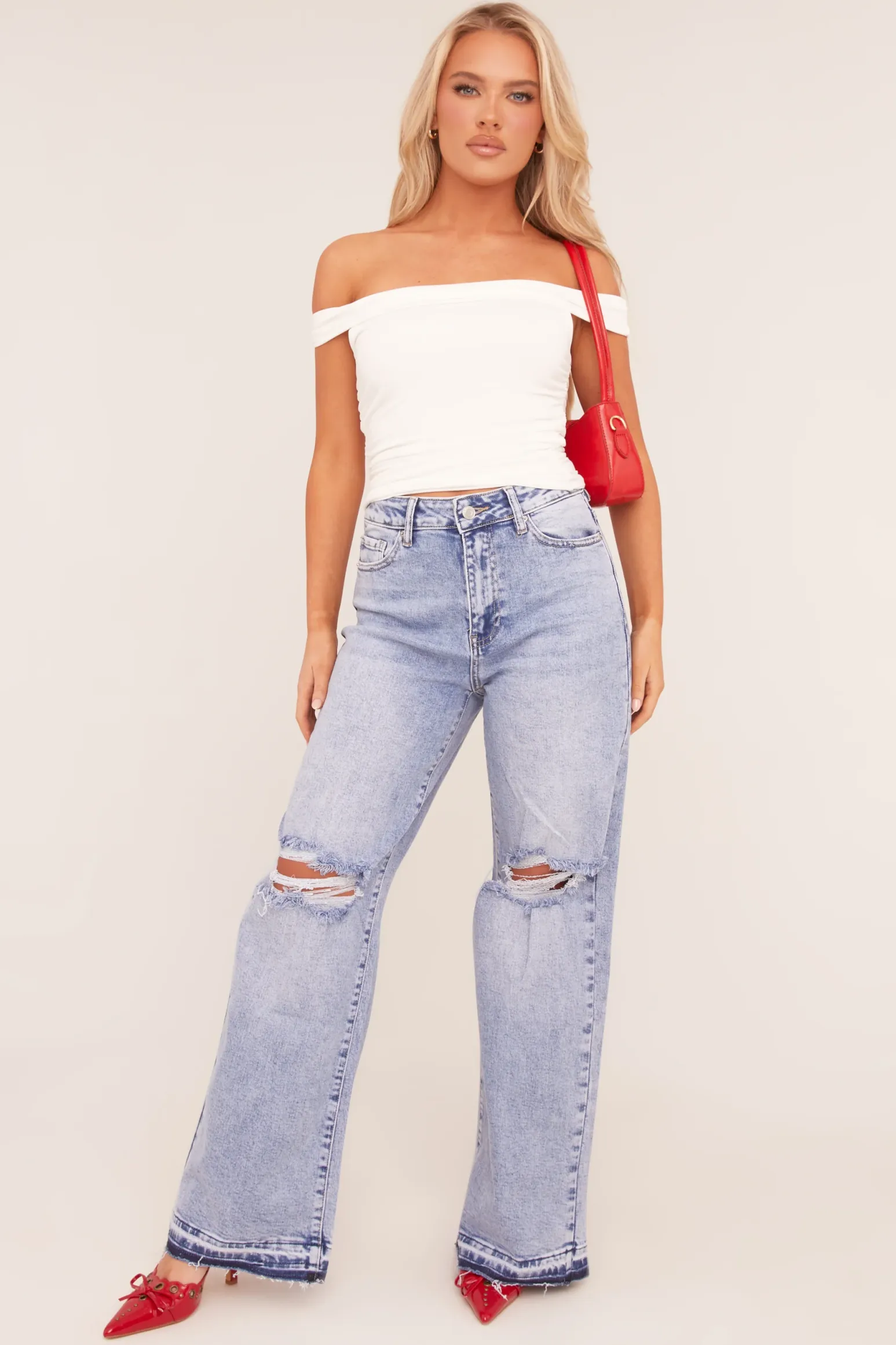 Rebellious Fashion Light Blue Stretch Distressed Wide Leg Jeans - Bluebell